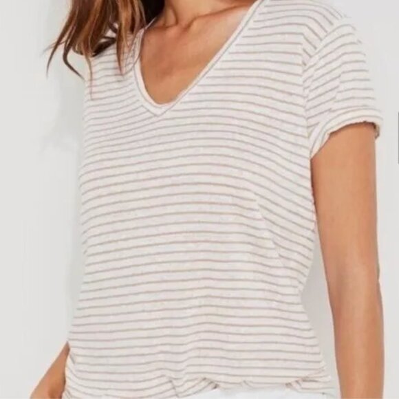 Vineyard Vines Tops - VINEYARD VINES I Tan & Creamy White Striped Linen V-Neck Short Sleeve Top, M